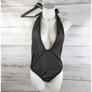 Luna Tuccini Black Halter Deep V Neck One-piece Bathingsuit Swim Sz 10 New